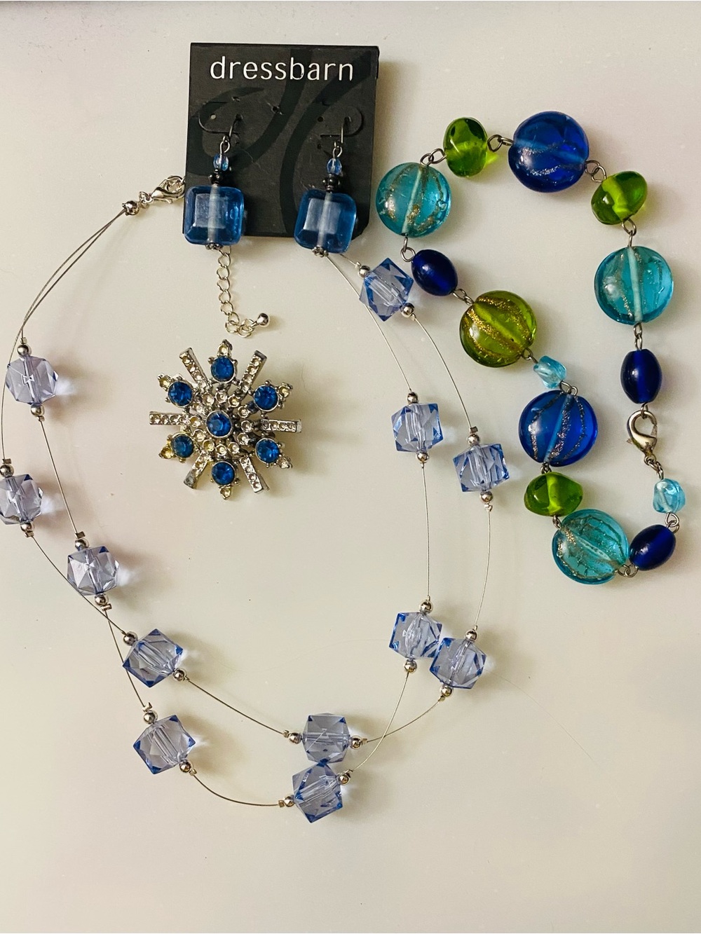 dressbarn Blue and Green Multi-Bead Necklace Set with Starburst Pendant